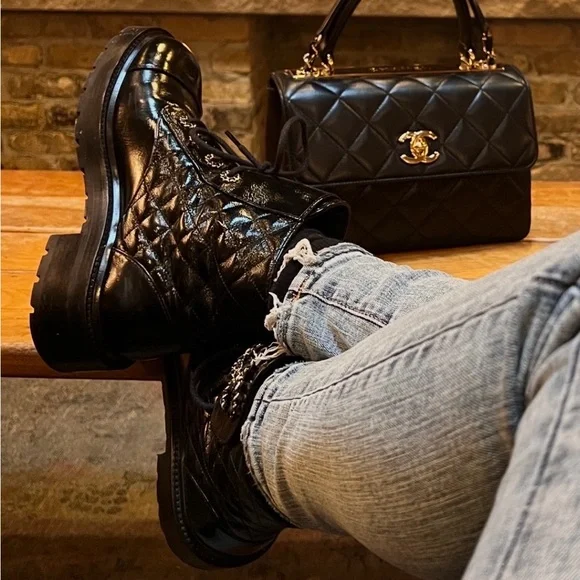 CHANEL Black Quilted Combat Boots - Picture 8 of 9